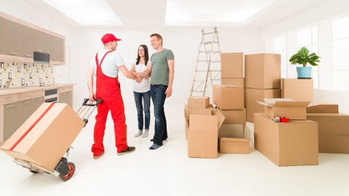 Household boxes and furniture being loaded into a removal van in Pimlico