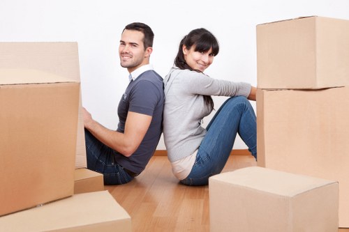 Packed boxes and furniture ready for a flat move in Pimlico