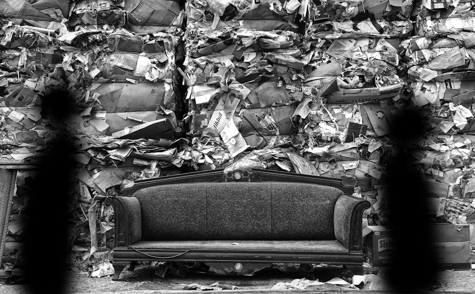 A black-and-white photograph depicting an interior scene where a dark upholstered sofa with wooden arms and legs is positioned directly against a cluttered wall of crumpled and stacked newspapers and cardboard boxes. The sofa appears to be part of a home relocation or moving process, possibly awaiting removal or disposal by Removal Companies Pimlico. To the left, there is a glimpse of a trolley or dolly, indicating the loading or transport of household furniture. The environment is well-lit, with light illuminating the messy pile behind the sofa, emphasizing the contrast between the furniture and the dense packaging materials. The image captures the moment of packing and moving, highlighting the arrangement of items prepared for collection, transport, or disposal within a professional removals service setting, suitable for content related to house removals and furniture transport in Pimlico.