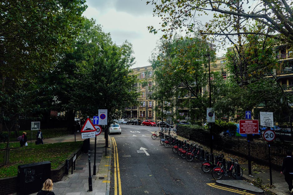 A street scene showing a residential area near Warwick Way in Pimlico with a parked white van positioned on the right side, partially inside the entrance of a property for loading and unloading furniture and boxes during a house relocation service. Several cardboard boxes wrapped in plastic, along with furniture items such as a wooden cabinet and a wrapped armchair, are visible on the pavement near the van. Green trees with dense foliage line both sides of the street, creating a canopy over the roadway. Behind the van, a row of red and black bicycles is secured to a bike rack next to a black metal fence. Multiple street signs indicating parking restrictions, speed limits, and traffic directions are posted along the street. A few pedestrians are walking on the sidewalks, and several vehicles are on the road, including a red car and a silver vehicle, contributing to the urban environment. The surroundings suggest a typical residential street where removals by [COMPANY_NAME] for home relocation take place, with a focus on furniture transport and the logistics of moving items between properties in Pimlico.