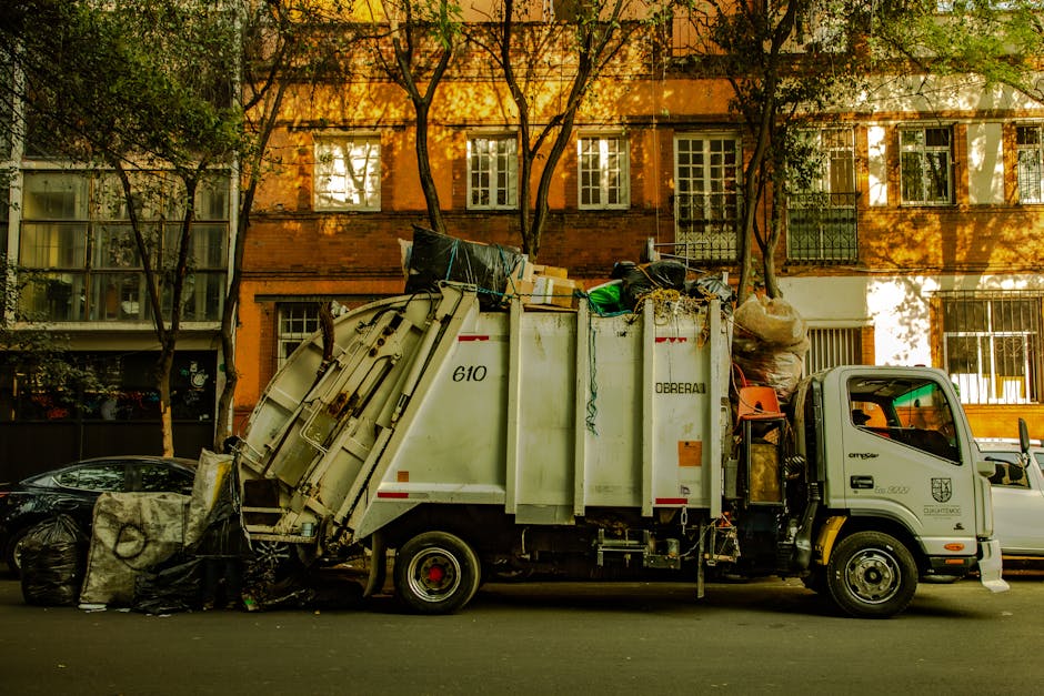 A side view of a white waste collection truck parked on a street in Pimlico, London, during daylight hours. The truck is loaded with various bags of rubbish, cardboard boxes, and recycling materials, which are visible in the open-top container at the rear. The vehicle is situated in front of an older brick building with multiple windows, some of which are partially obscured by trees lining the street. The truck's side door features the company name 'Dorebal' and identification numbers. Nearby, a black car is partially visible with a covered item placed next to it on the pavement. The scene captures the loading and collection process typical of house clearance or rubbish disposal services, with the truck prepared for waste removal following local regulations, relevant to properties undergoing home relocation or packing and moving activities.